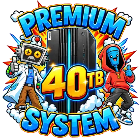 Premium-System-40-TB-Sticker Mobile Premium 40TB Arcade PC gaming system artwork featuring Ourcade characters and a gaming computer
