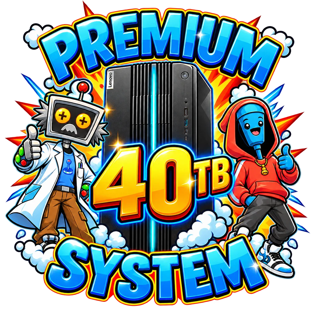 Premium 40TB Arcade PC gaming system artwork featuring Ourcade characters and a gaming computer