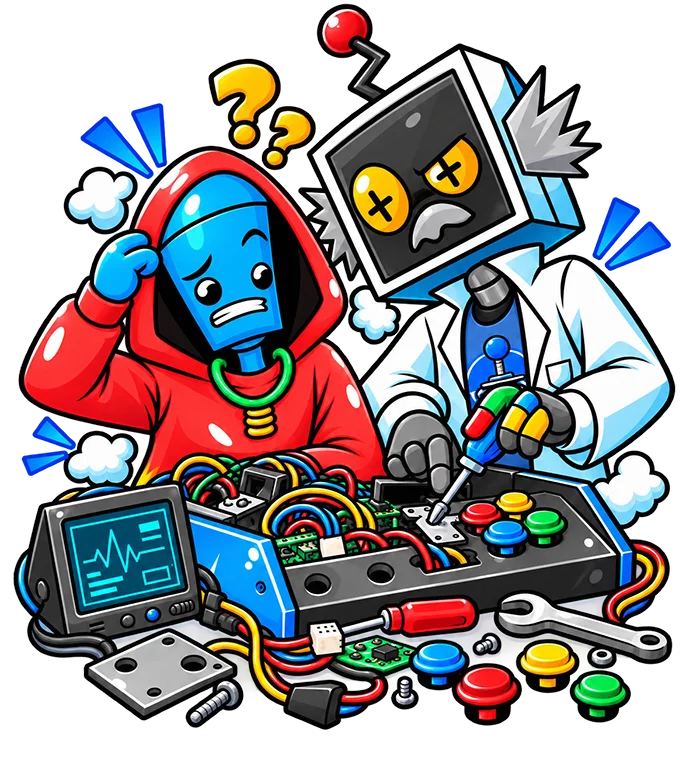 Ourcade cartoon characters troubleshooting arcade controls, wiring, and gaming equipment